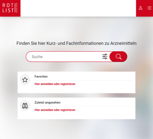 Startseite der Rote Liste Website mit Suchfeld zur Suche nach PZN, Wirkstoff, Pharmaunternehmen, Arzneimittelname