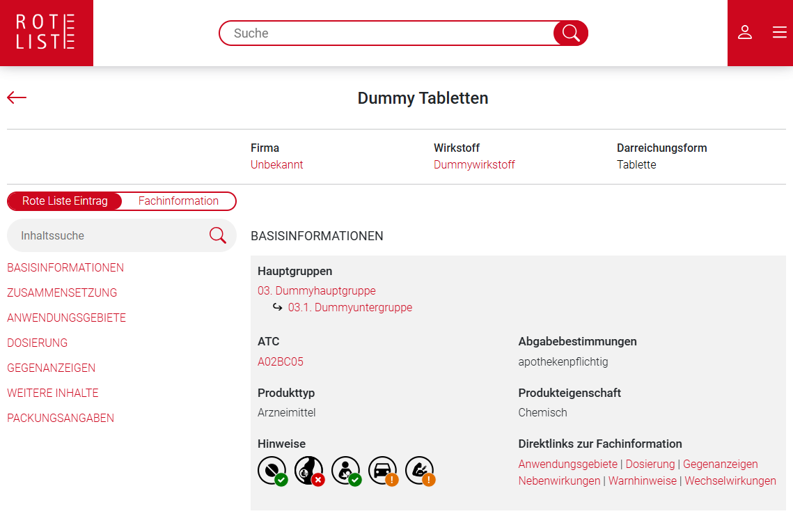 Rote Liste Eintrag Basisinformationen und Navigation